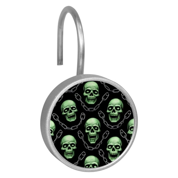 12pcs Decorative Shower Curtain Hooks, Rust Resistant Shower Rings for Bathroom Living Room,Rustproof Stainless Steel Rings for Shower Curtain and Liner Rods,Halloween Scary Green Skull