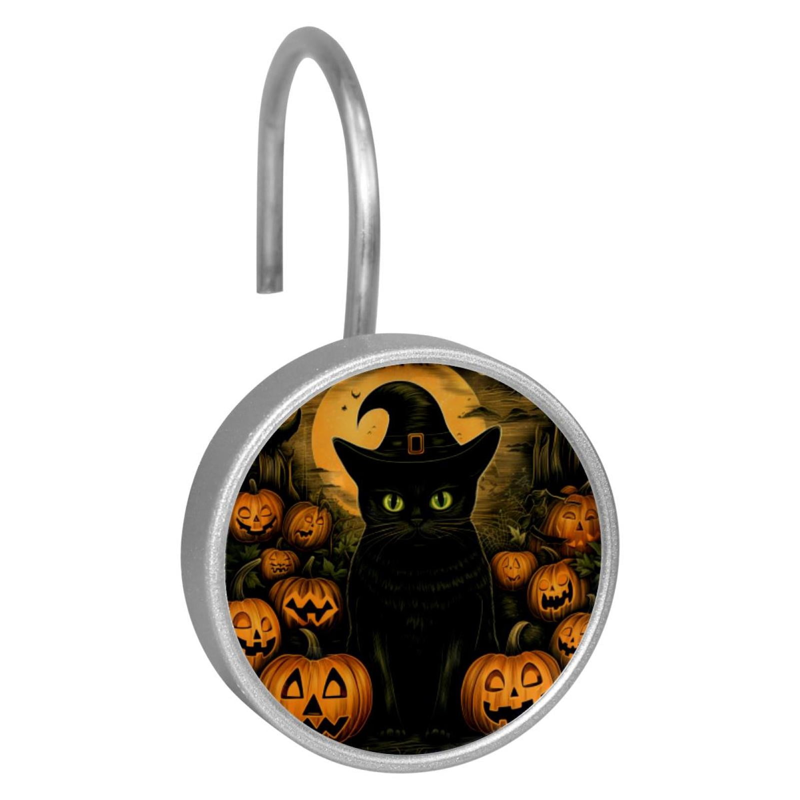 12pcs Decorative Shower Curtain Hooks, Rust Resistant Shower Rings for Bathroom Living Room,Rustproof Stainless Steel Rings for Shower Curtain and Liner Rods,Halloween Cat S