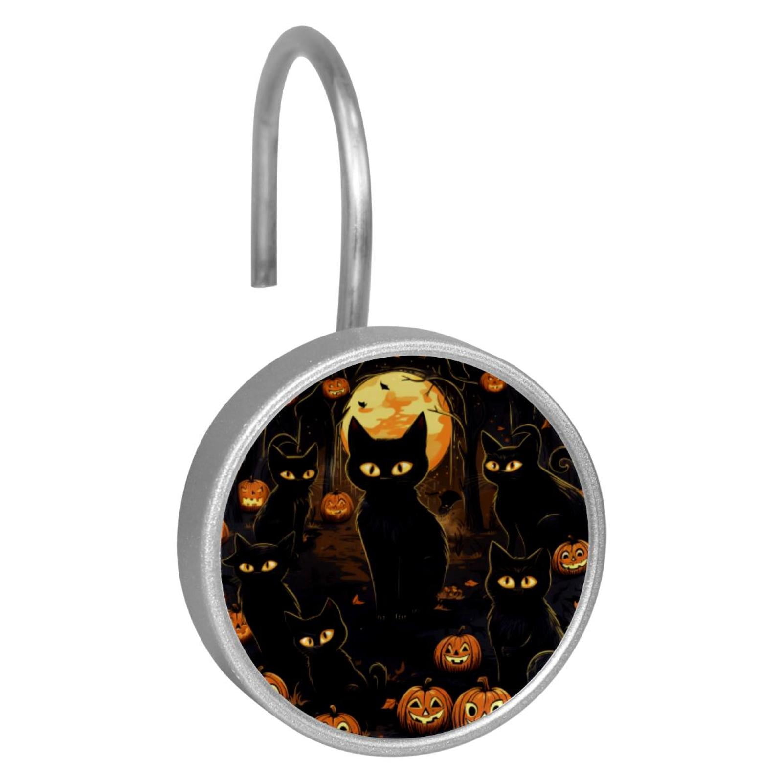 12pcs Decorative Shower Curtain Hooks, Rust Resistant Shower Rings for Bathroom Living Room,Rustproof Stainless Steel Rings for Shower Curtain and Liner Rods,Halloween Cat P