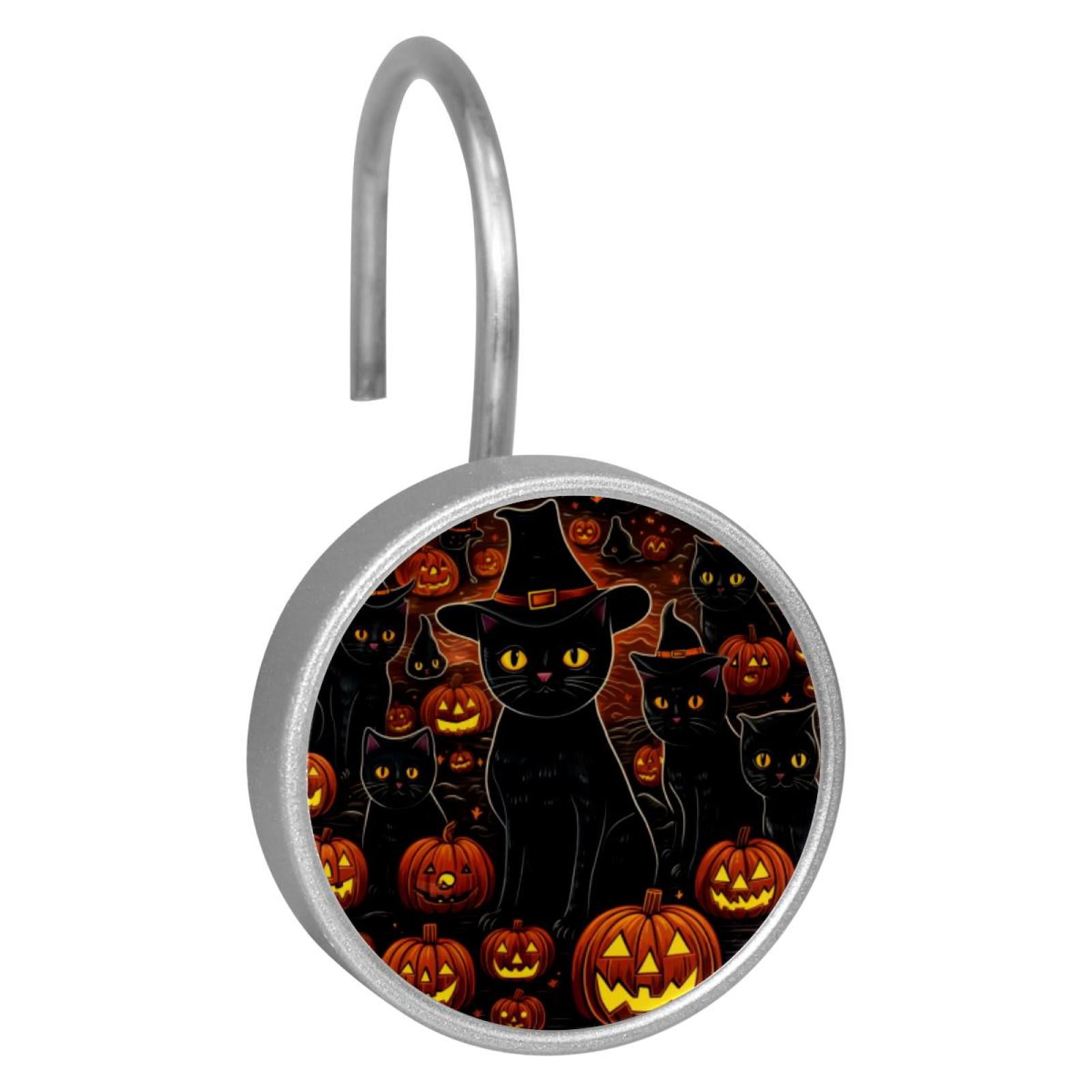 12pcs Decorative Shower Curtain Hooks, Rust Resistant Shower Rings for Bathroom Living Room,Rustproof Stainless Steel Rings for Shower Curtain and Liner Rods,Halloween Cat R