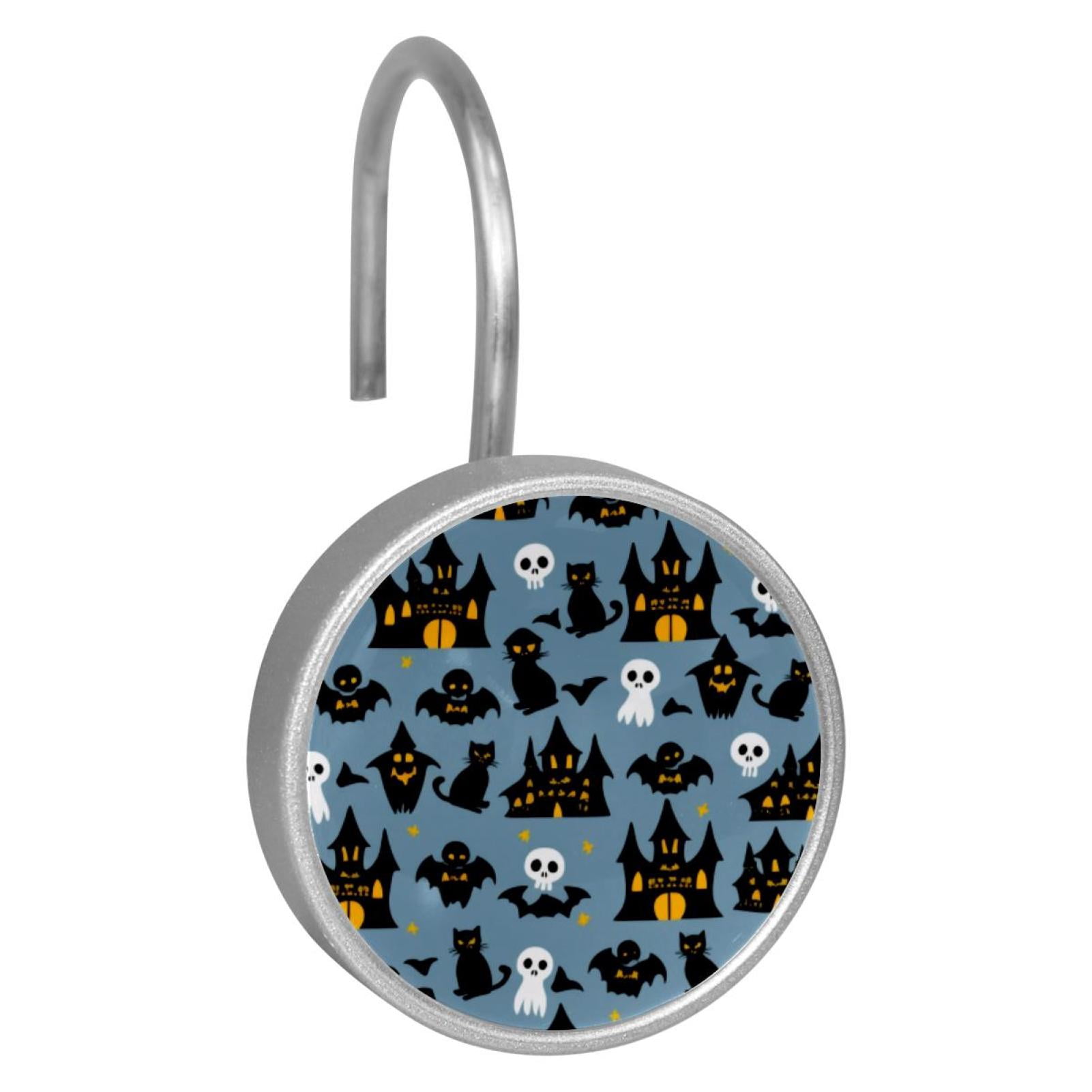 12pcs Decorative Shower Curtain Hooks, Rust Resistant Shower Rings for Bathroom Living Room,Rustproof Stainless Steel Rings for Shower Curtain and Liner Rods,Halloween Castle Bat Cats
