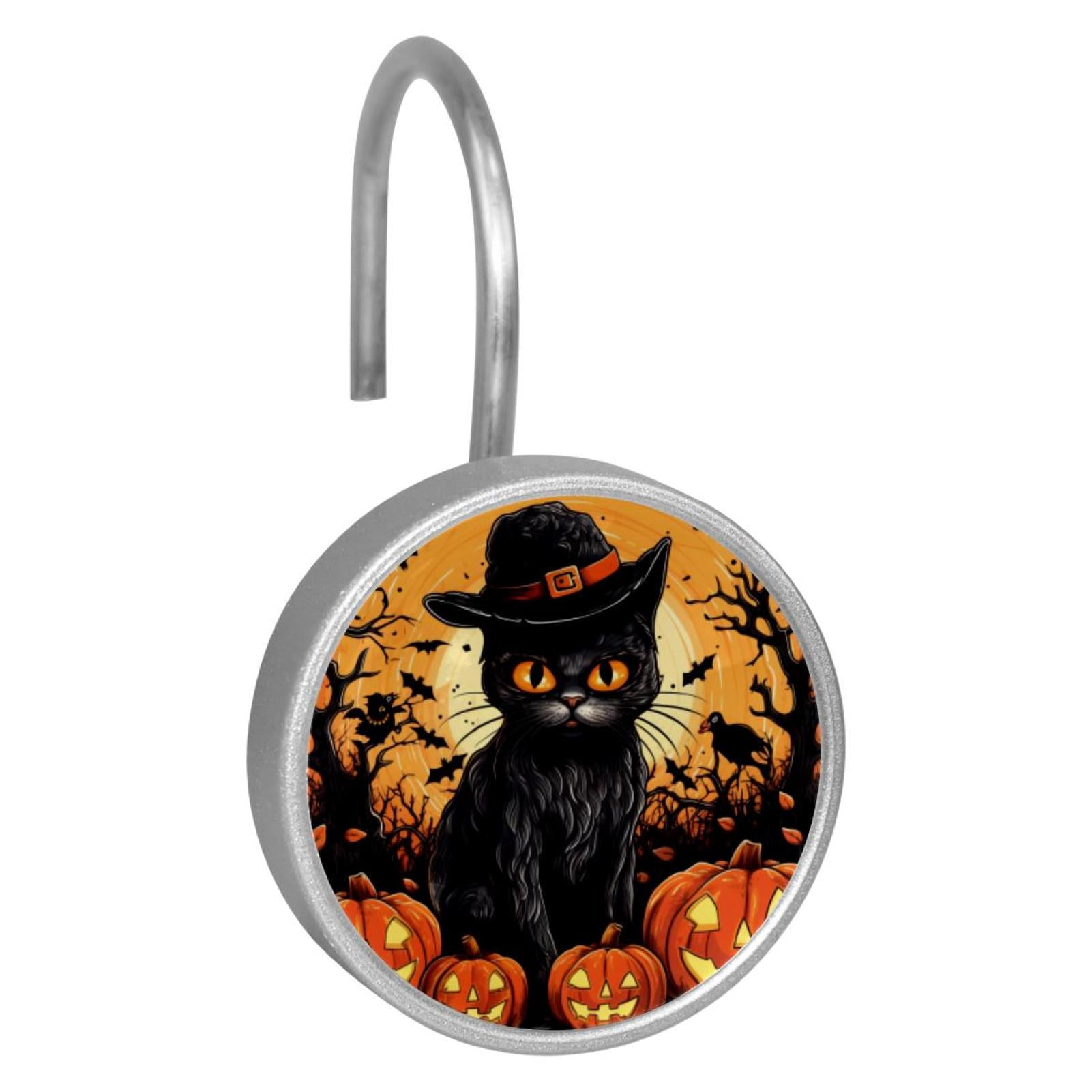 12pcs Decorative Shower Curtain Hooks, Rust Resistant Shower Rings for Bathroom Living Room,Rustproof Stainless Steel Rings for Shower Curtain and Liner Rods,Halloween Black Cat