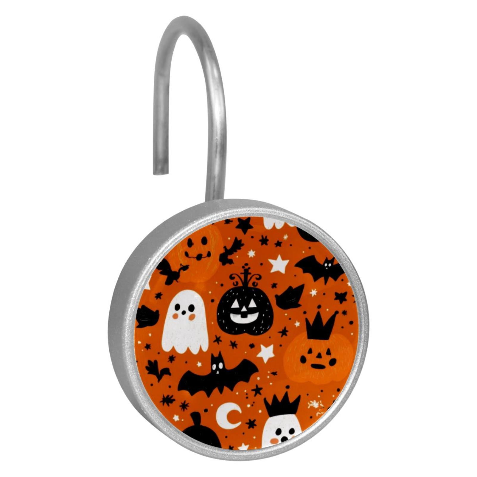 12pcs Decorative Shower Curtain Hooks, Rust Resistant Shower Rings for Bathroom Living Room,Rustproof Stainless Steel Rings for Shower Curtain and Liner Rods,Halloween Pattern Orange