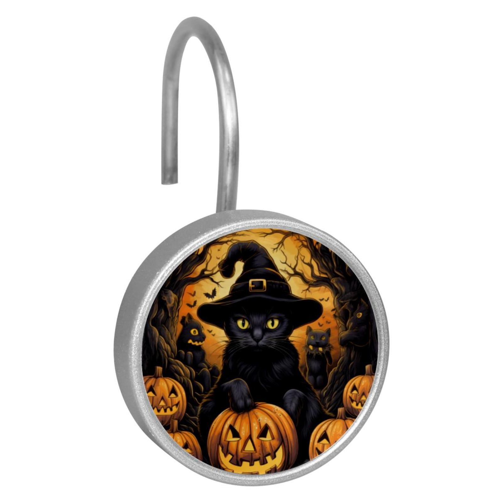 12pcs Decorative Shower Curtain Hooks, Rust Resistant Shower Rings for Bathroom Living Room,Rustproof Stainless Steel Rings for Shower Curtain and Liner Rods,Halloween Cat Q