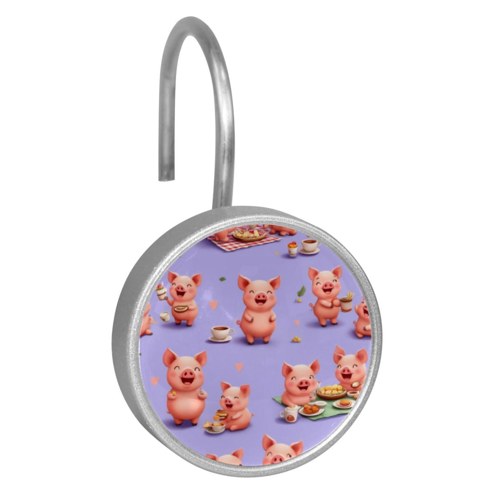 12pcs Decorative Shower Curtain Hooks, Rust Resistant Shower Rings for Bathroom Living Room,Rustproof Stainless Steel Rings for Shower Curtain and Liner Rods,Happy Pigs Picnic