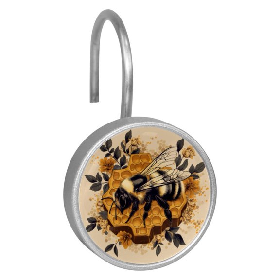12pcs Decorative Shower Curtain Hooks, Rust Resistant Shower Rings for Bathroom Living Room,Rustproof Stainless Steel Rings for Shower Curtain and Liner Rods,Hive and Bee Flowers