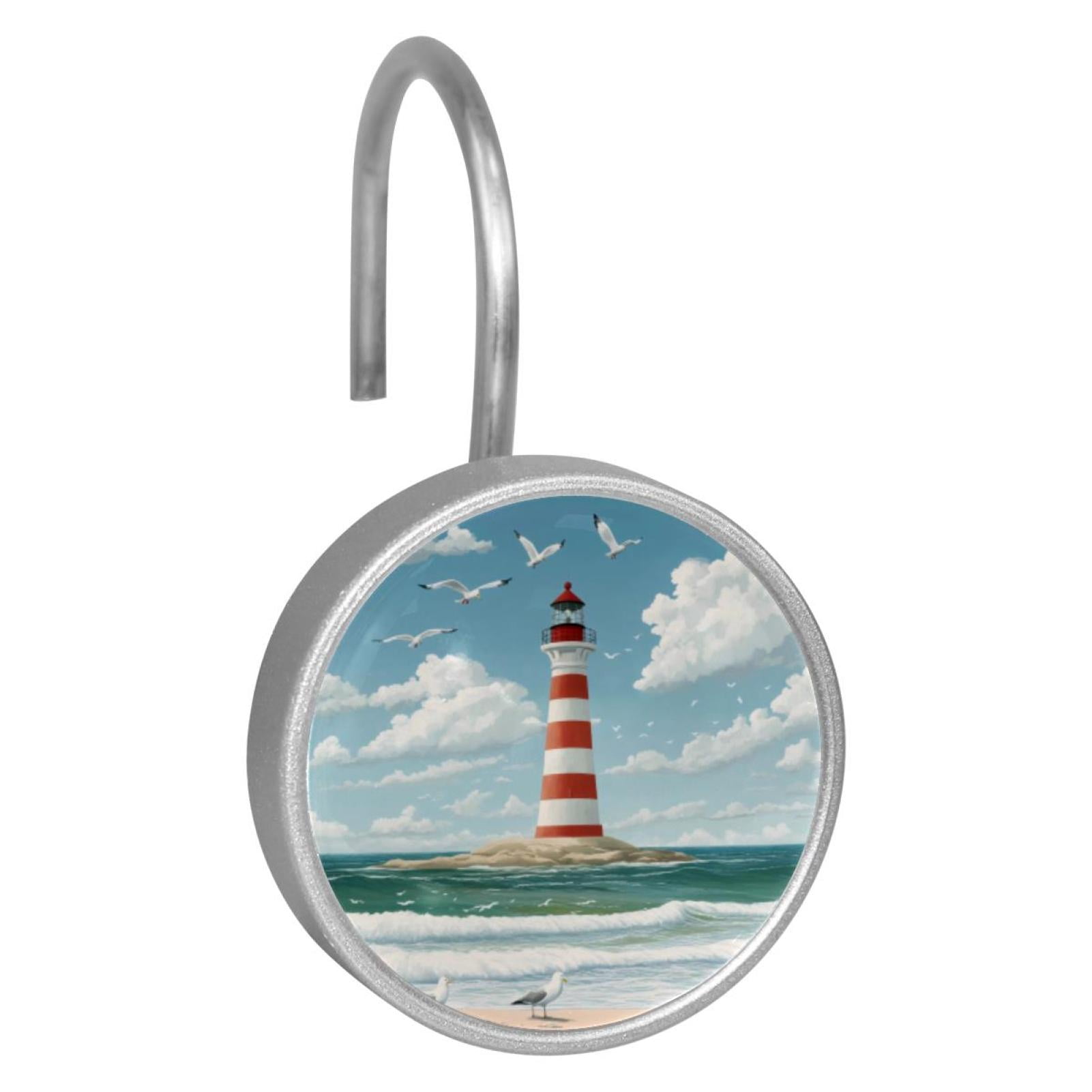 12pcs Decorative Shower Curtain Hooks, Rust Resistant Shower Rings for Bathroom Living Room,Rustproof Stainless Steel Rings for Shower Curtain and Liner Rods,Lighthouse Seagulls Sea