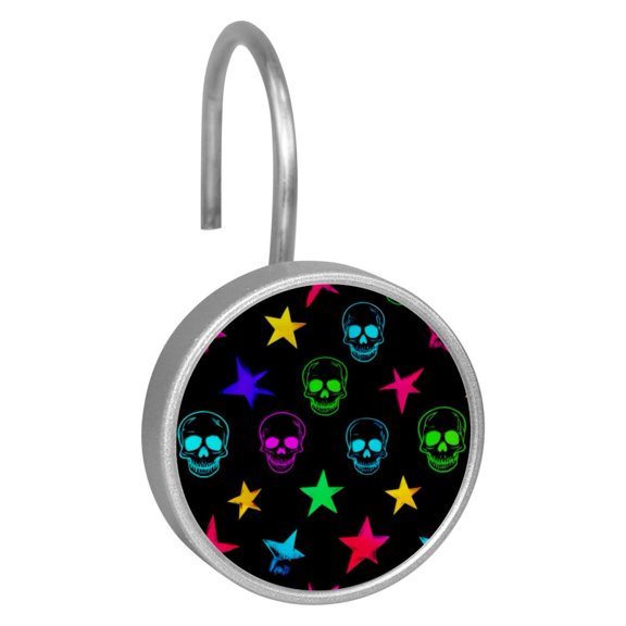 12pcs Decorative Shower Curtain Hooks, Rust Resistant Shower Rings for Bathroom Living Room,Rustproof Stainless Steel Rings for Shower Curtain and Liner Rods,Neon Skulls Star