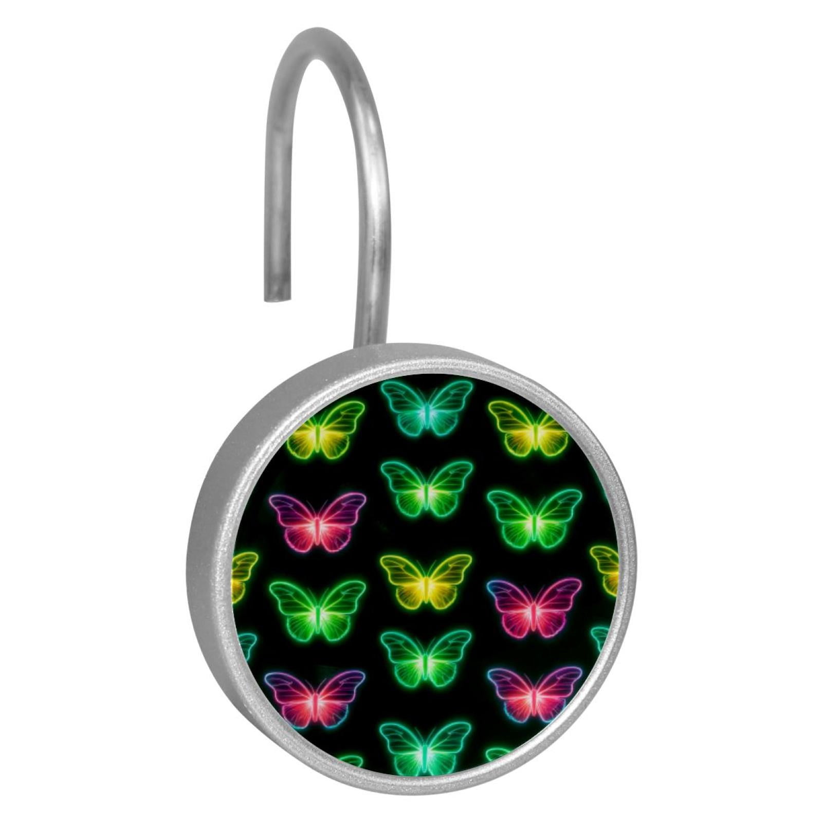 12pcs Decorative Shower Curtain Hooks, Rust Resistant Shower Rings for Bathroom Living Room,Rustproof Stainless Steel Rings for Shower Curtain and Liner Rods,Neon Light Butterflies