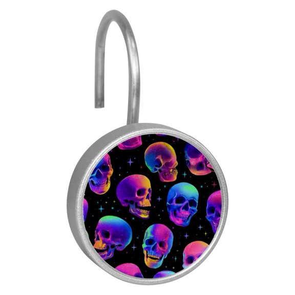 12pcs Decorative Shower Curtain Hooks, Rust Resistant Shower Rings for Bathroom Living Room,Rustproof Stainless Steel Rings for Shower Curtain and Liner Rods,Neon Skull Print
