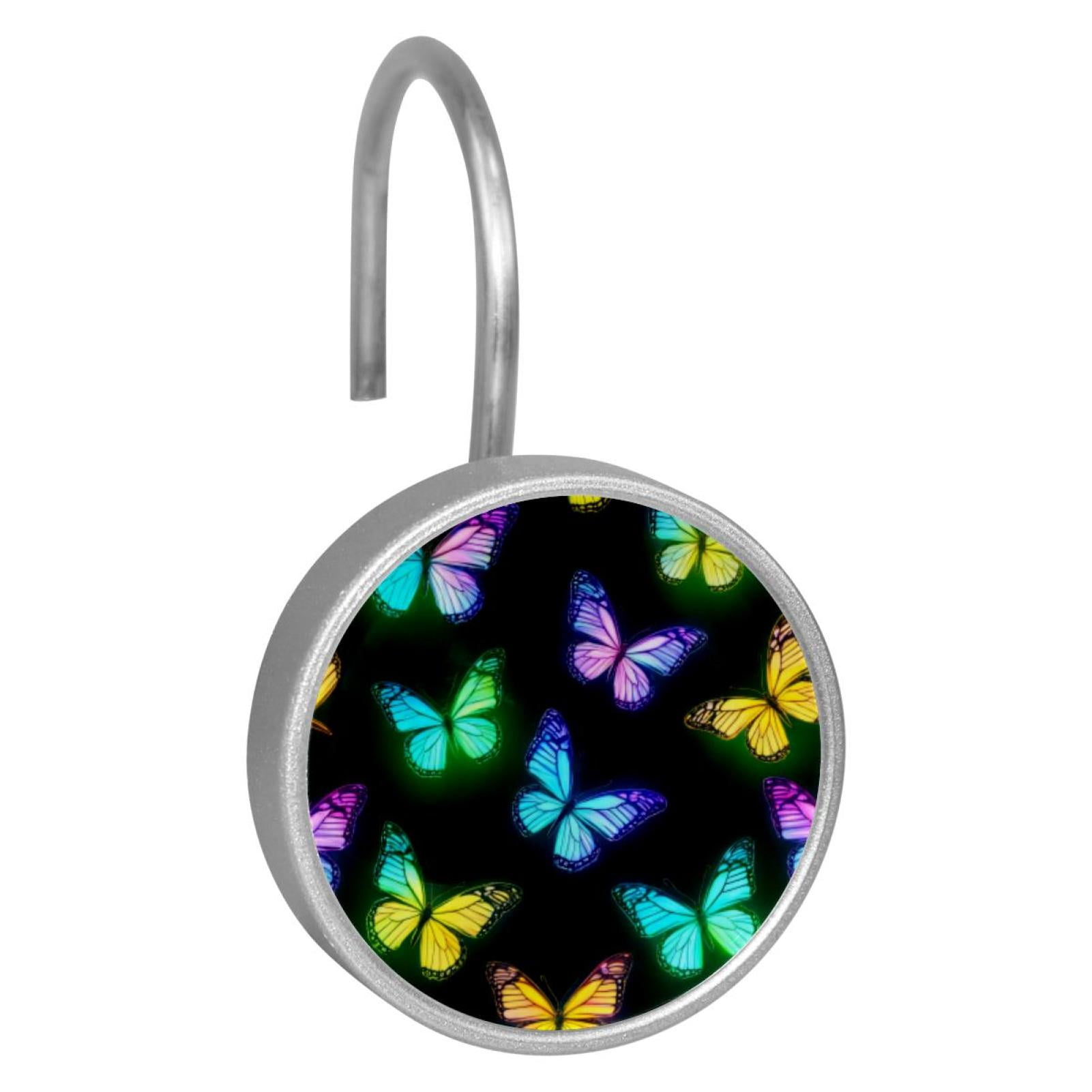 12pcs Decorative Shower Curtain Hooks, Rust Resistant Shower Rings for Bathroom Living Room,Rustproof Stainless Steel Rings for Shower Curtain and Liner Rods,Neon Colorful Butterflies