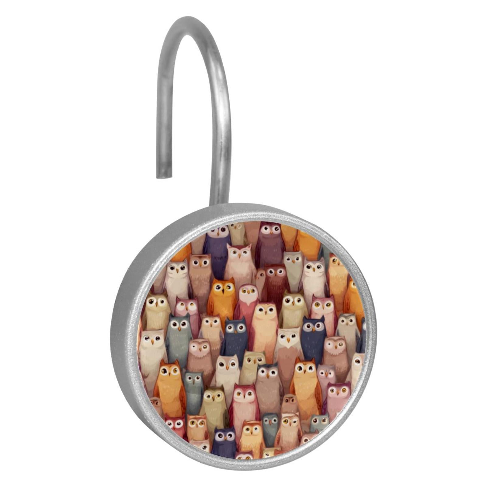 12pcs Decorative Shower Curtain Hooks, Rust Resistant Shower Rings for Bathroom Living Room,Rustproof Stainless Steel Rings for Shower Curtain and Liner Rods,Owls Background