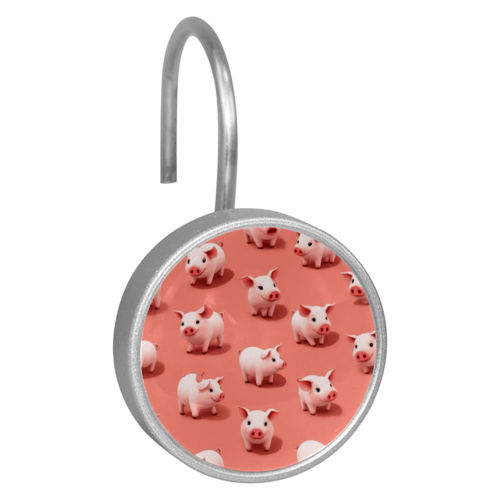 12pcs Decorative Shower Curtain Hooks, Rust Resistant Shower Rings for Bathroom Living Room,Rustproof Stainless Steel Rings for Shower Curtain and Liner Rods,Pig Pink Background