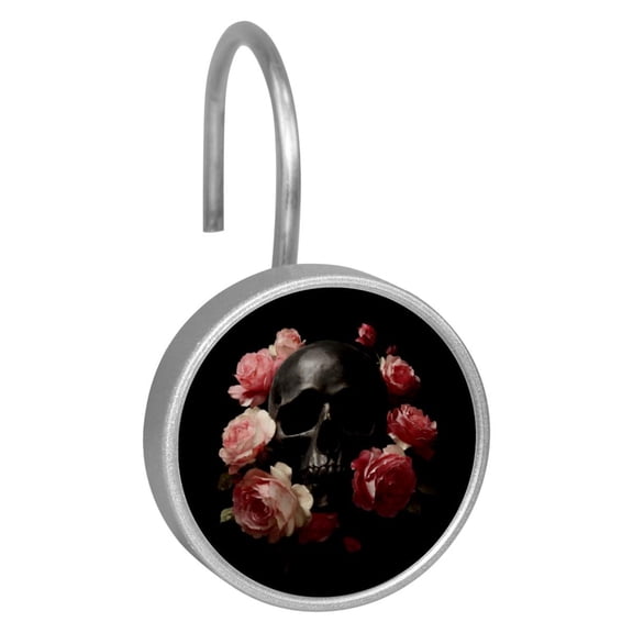 12pcs Decorative Shower Curtain Hooks, Rust Resistant Shower Rings for Bathroom Living Room,Rustproof Stainless Steel Rings for Shower Curtain and Liner Rods,Pink Rose Skull