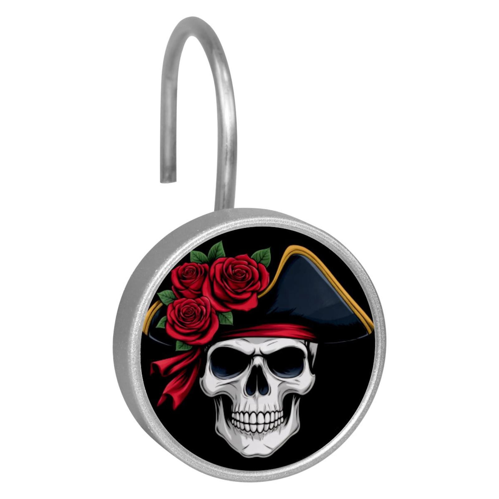 12pcs Decorative Shower Curtain Hooks, Rust Resistant Shower Rings for Bathroom Living Room,Rustproof Stainless Steel Rings for Shower Curtain and Liner Rods,Red Rose Skull