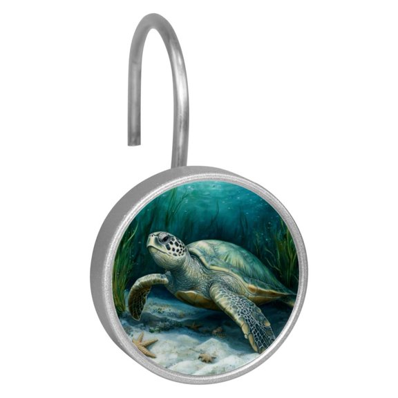 12pcs Decorative Shower Curtain Hooks, Rust Resistant Shower Rings for Bathroom Living Room,Rustproof Stainless Steel Rings for Shower Curtain and Liner Rods,Sea Turtle Seaweed