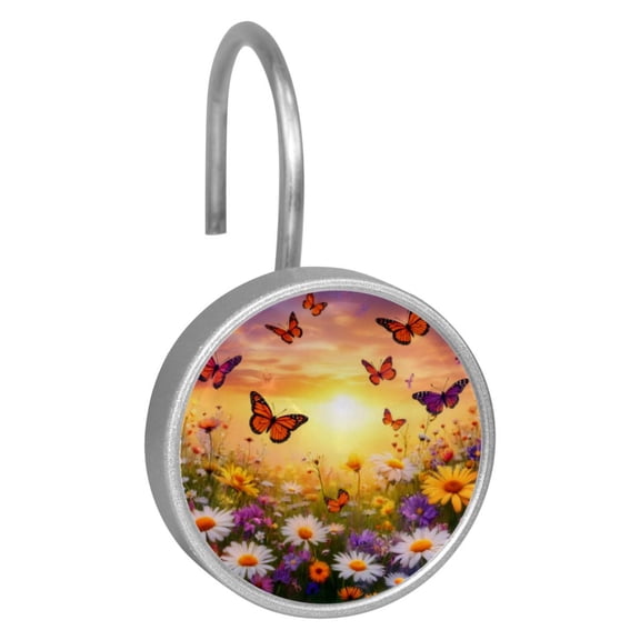 12pcs Decorative Shower Curtain Hooks, Rust Resistant Shower Rings for Bathroom Living Room,Rustproof Stainless Steel Rings for Shower Curtain and Liner Rods,Sunset Flowers Butterflies