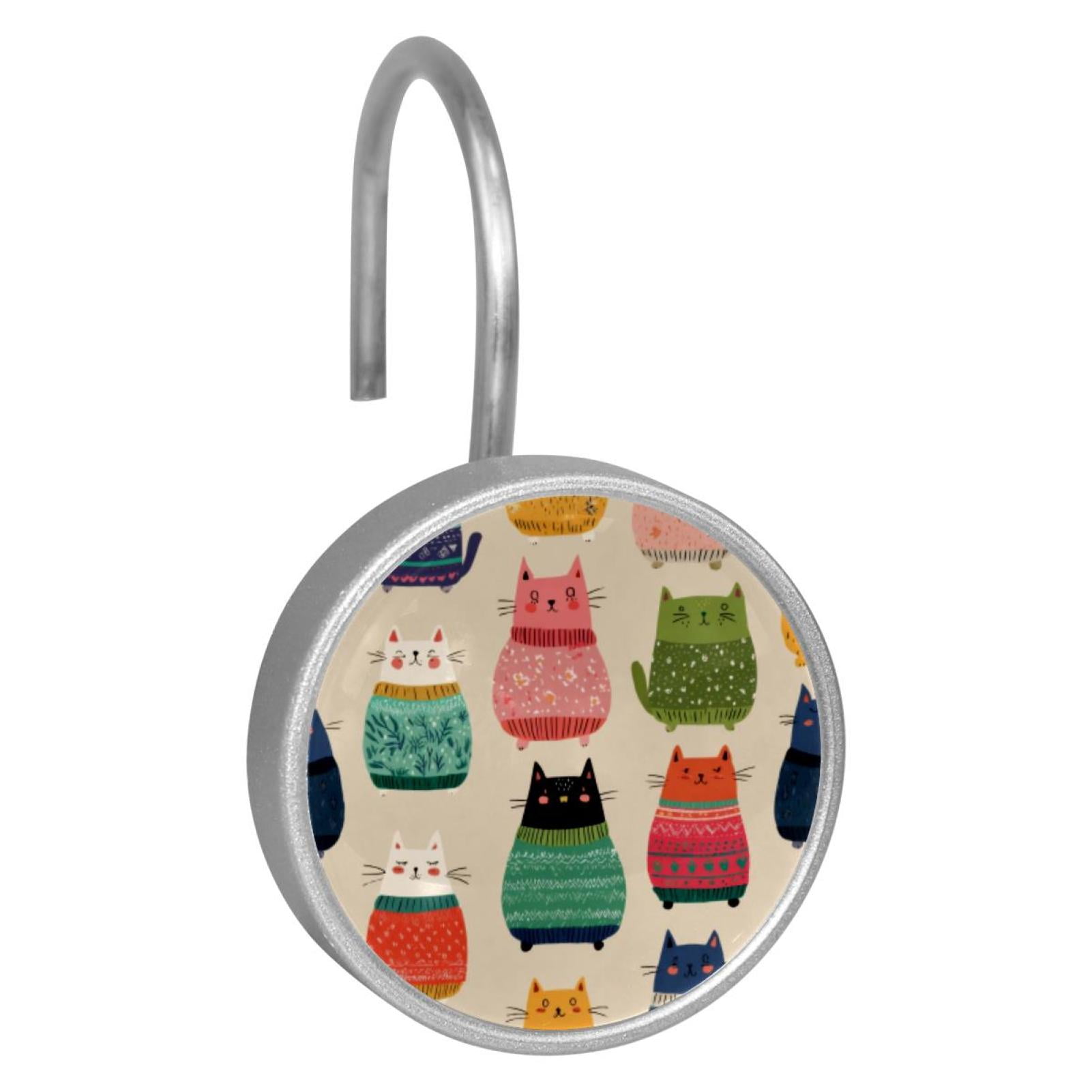 12pcs Decorative Shower Curtain Hooks, Rust Resistant Shower Rings for Bathroom Living Room,Rustproof Stainless Steel Rings for Shower Curtain and Liner Rods,Sweater Colorful Cat