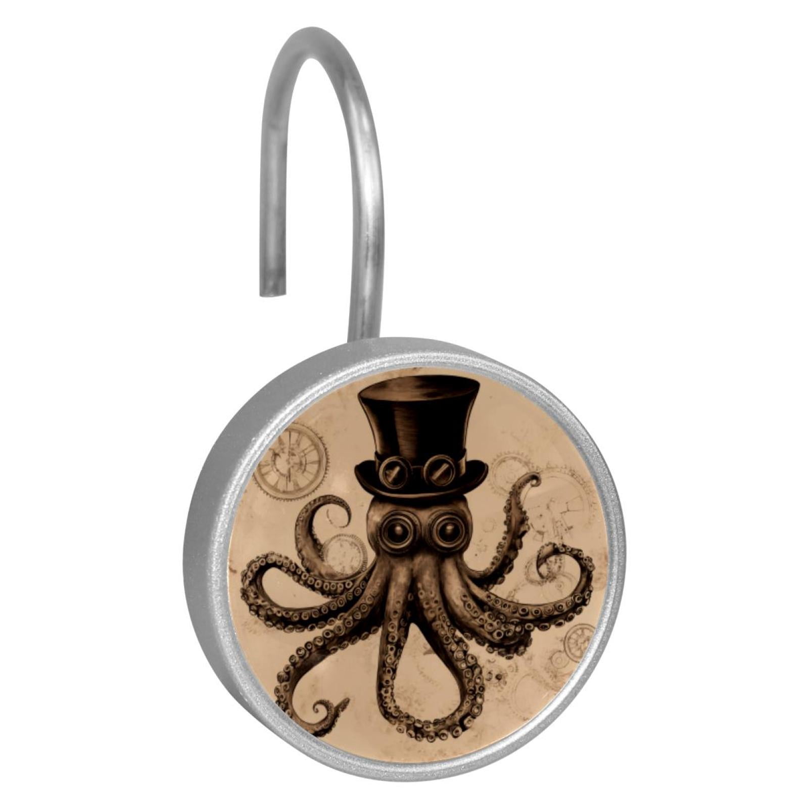 12pcs Decorative Shower Curtain Hooks, Rust Resistant Shower Rings for Bathroom Living Room,Rustproof Stainless Steel Rings for Shower Curtain and Liner Rods,Vintage Hat Octopus