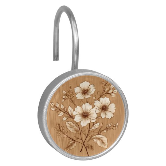 12pcs Decorative Shower Curtain Hooks, Rust Resistant Shower Rings for Bathroom Living Room,Rustproof Stainless Steel Rings for Shower Curtain and Liner Rods,Wood Grain Vintage Flowers