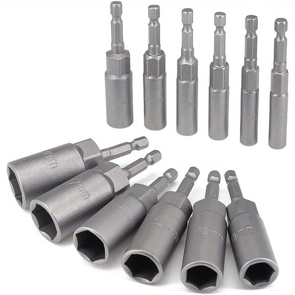 12pcs Deep Socket Set 6-19mm Hexagon Nut Setter Driver Drill Bits Set, 1/4 hex Shank, Long Reach Impact Driver Nut Runners Bolt Extractor Sockets Power Tool, Quick Change