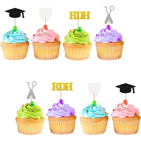 12pcs Dentist Cupcake Toppers, Congrats Dentist Cupcake Toppers, Gold Glitter Medical RDH Themed Cupcake Picks for Graduation, Doctor Graduation Party Supplies