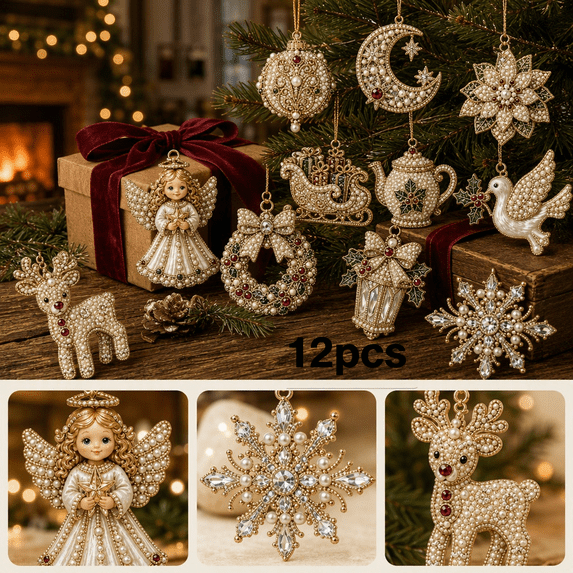 12pcs Diamond Pearl Christmas Ornaments Decorations, Xmas Hanging Tree Pendants, Seasonal Indoor Outdoor Decor for Christmas Tree Mantel Window Wall, Gifts for Family Friends