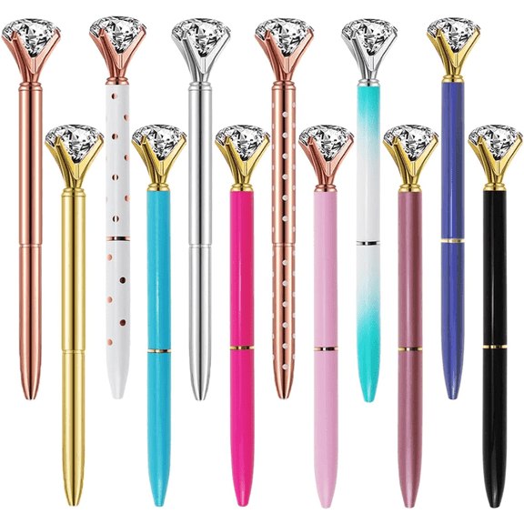 12pcs Diamond Pens, Fancy Crystal Diamond Bling Metal Ballpoint Pens, Black Ink