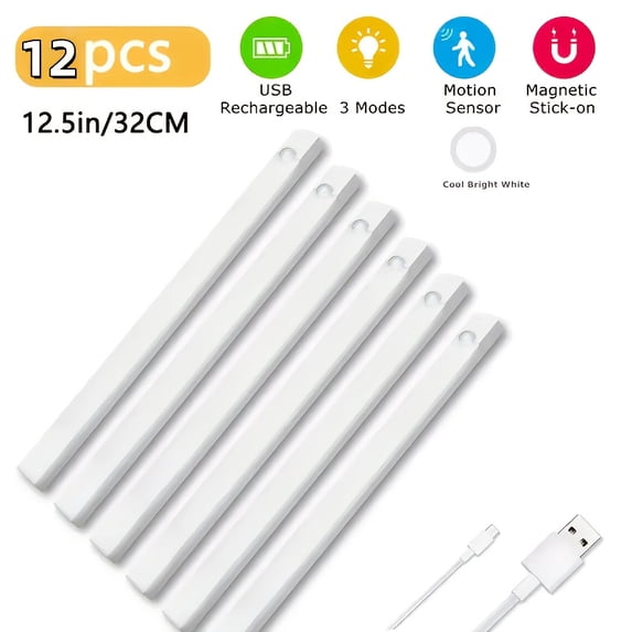 12pcs Dimmable LED Motion Sensor Cabinet Light, USB Rechargeable, 3 ...