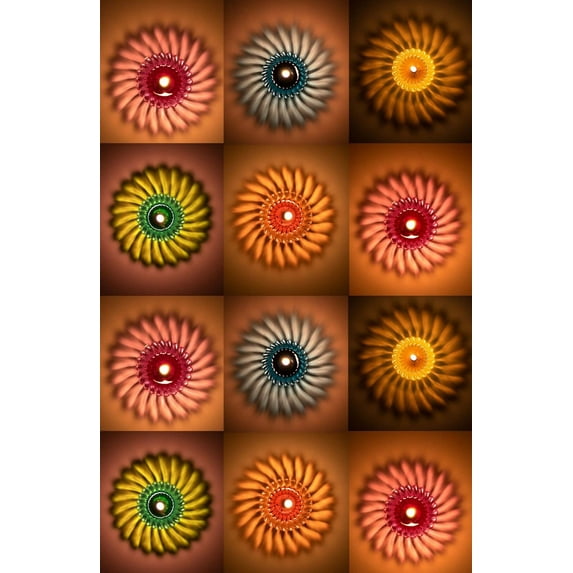 12pcs Diwali Diyas - Colourful 3D Reflection Diya For Decor - Sun Shape Shadow Reflective Diyas - Reusable Navratri Lights - Multicolour