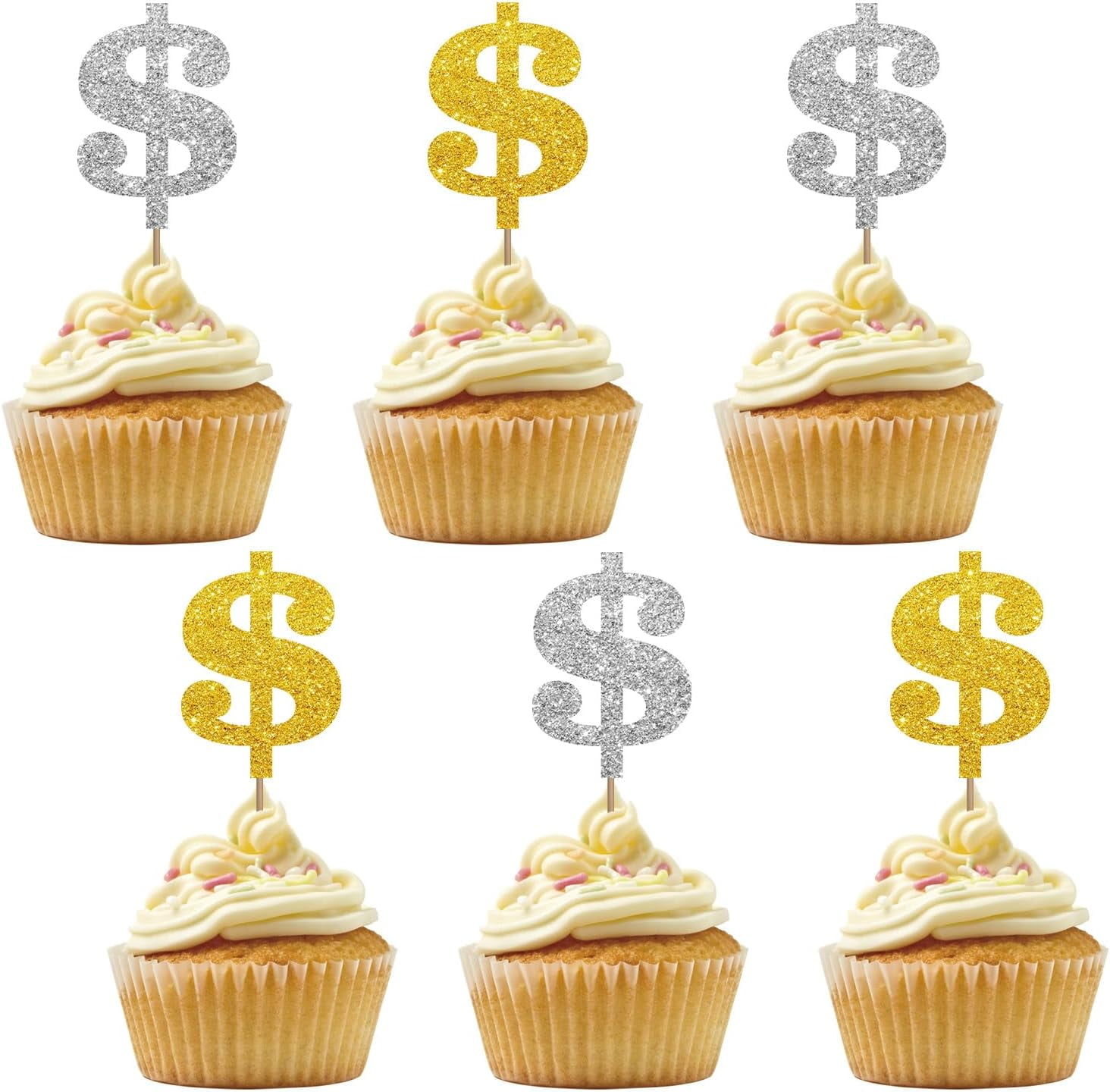 12pcs Dollar Note Cupcake Toppers, Silver&Gold Glitter Dollar Sign Cupcake Picks, Casino Wedding Birthday Cake Decorations, Casino Night Poker Theme Party Supplies