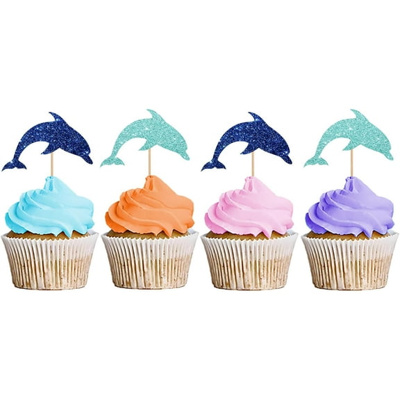 12pcs Dolphin Cupcake Toppers, Ocean Animal Dolphin Cupcake Toppers, Ocean Safari Cupcake Picks for Baby Shower, Dolphin Birthday/Under The Sea Themed Party Decoration - Blue Glitter