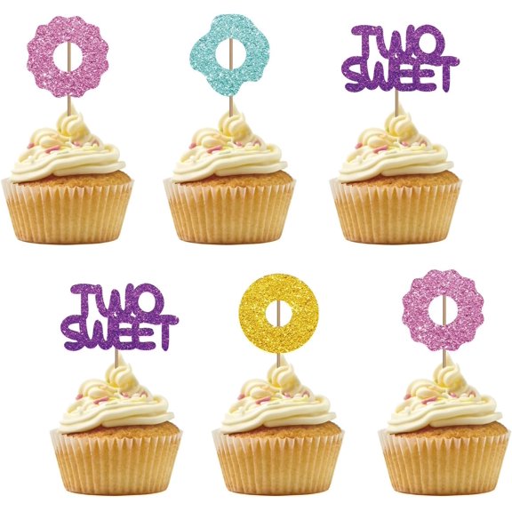 Multicolor Glitter Two Sweet Donut Cupcake Toppers, Doughnut Cupcake Picks for Kids 2nd Birthday Party Decorations, 12Pcs