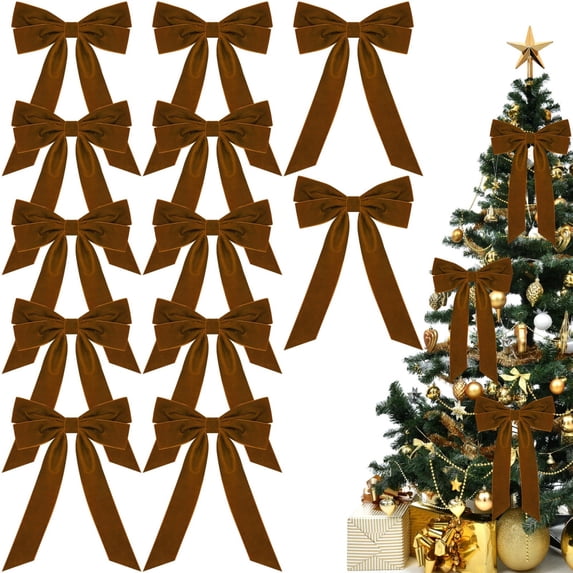 12pcs Double-Layer Velvet Christmas Tree Bow Decoration - Soft Velvet Bows for Christmas Tree & Wreath, Festive Holiday Decor, Easy to Attach to Branches, 9.1*13in, Brown
