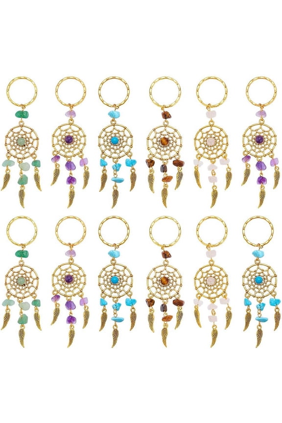 12pcs Dream Catcher Keychain Stone Key Chains Quartz Gemstone key Rings Feather Key Chain Dream Catcher Keyring Lucky Decor