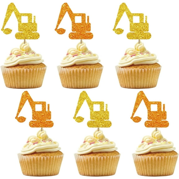 12pcs Excavator Cupcake Toppers for Construction Theme Baby Shower, Gold & Orange Glitter Truck Sign Cupcake Toppers, Cake Decorations for 1st Birthday Party Supplies