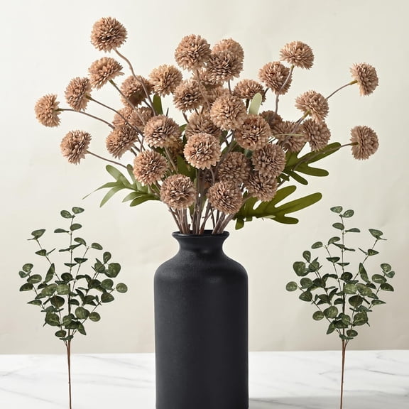 12pcs Fake Silk Pompon Mum Artificial Flowers, Bulk Faux Mini Chrysanthemums with Eucalyptus Stems, for Centerpieces Wedding Fillers Champagne Arrangements, No vase, Brown