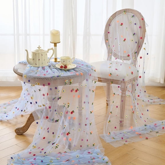 12pcs Fall Table Runner Embroidery Gauze 10FT Florals Seasonal Tulle Holiday Birthday Kitchen Dining Table Decor for Home Party Blue