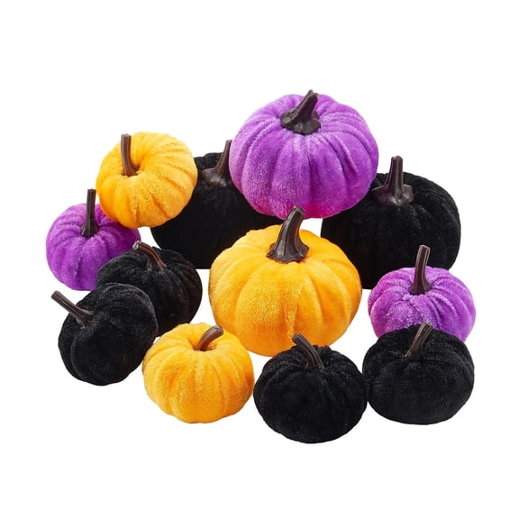 12pcs Faux Velvet Pumpkin Decorations for Fall Thanksgiving Halloween Home Decor Table Centerpiece Tiered*Tray Display Soft Fabric Pumpkin Props for Autumn Fall Party, 1Pack Purple