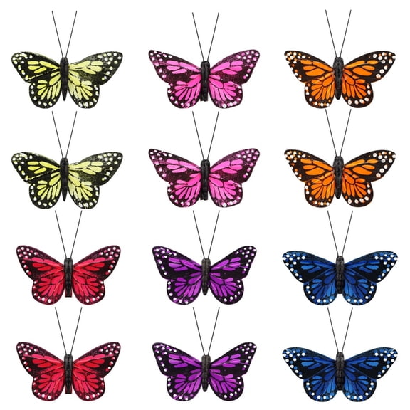 12pcs Feather Butterfly Wall Decor, Multi Colored Butterflies with Clips, 3D Organza Butterfly Ornaments for DIY Crafts, Wedding Appliques