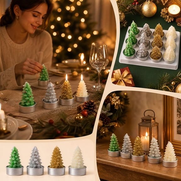 12pcs Festive Christmas Tree Candles, Decorative Holiday Tree Candle Set for Tabletop and Mantel Display, for Christmas Table Arrangements Shelf Styling Gift Baskets/Seasonal Gatherings, Multicolor
