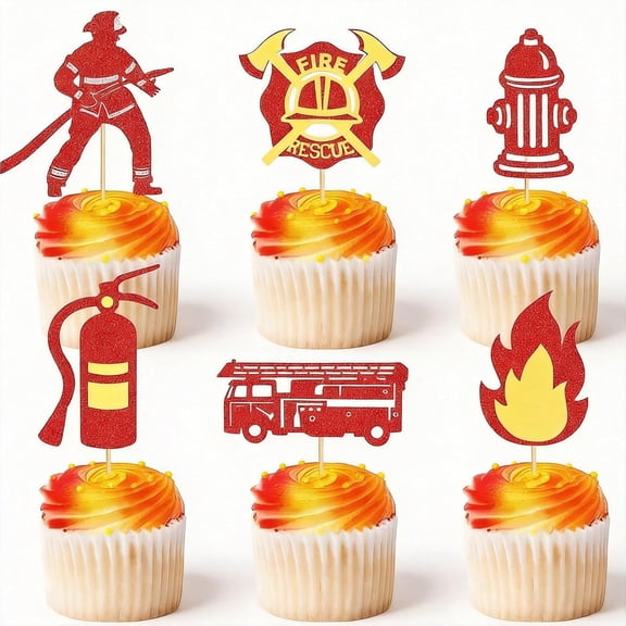 12pcs Firefighter Cupcake Toppers, Red & Yellow Glitter Fire Truck/Fireman/Fire Hydrant Cupcake Picks for Fireman Themed Birthday Party Supplies