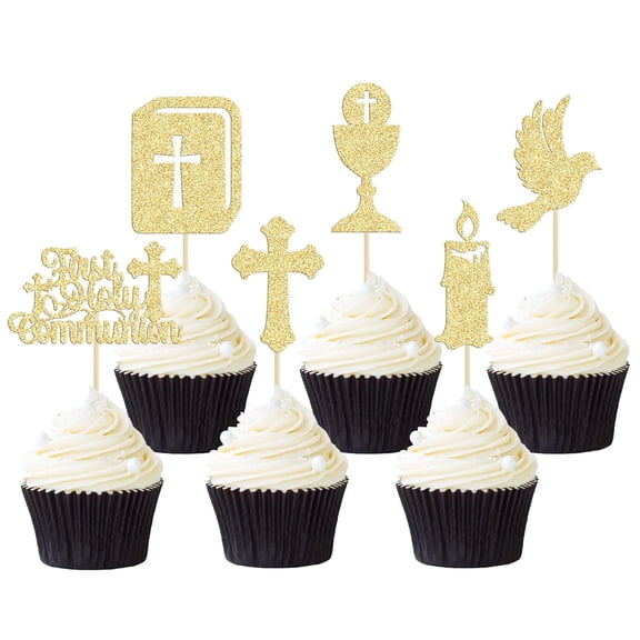 12pcs First Holy Communion Cupcake Toppers Glitter Dove Cross God Bless Cupcake Picks Christian Baby Baptism Theme Cake Decorations for Baby Shower Birthday Party Supplies Gold