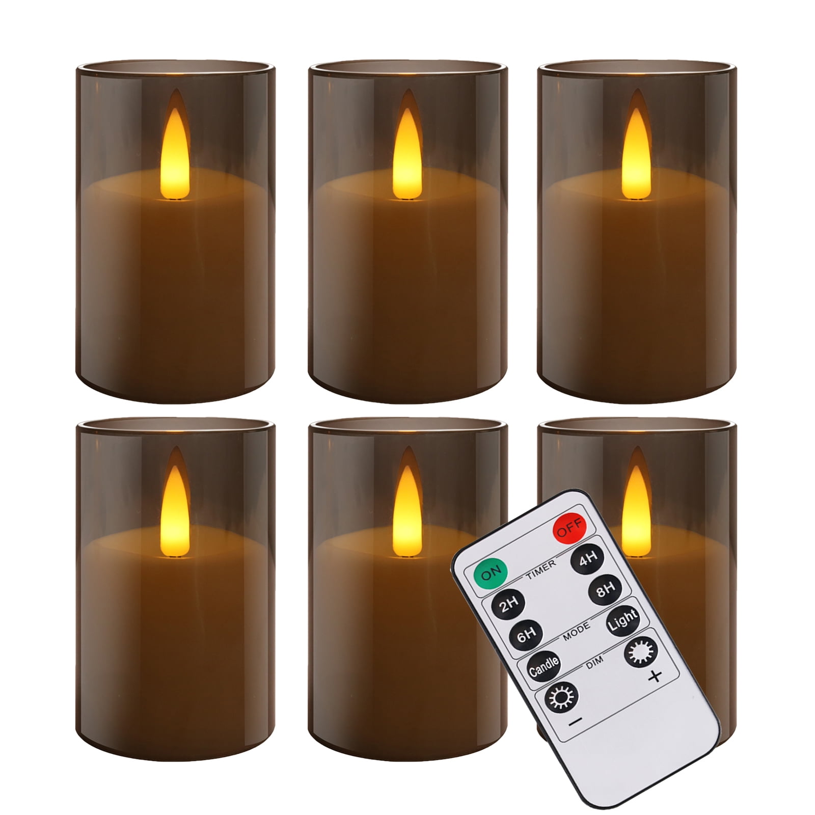 6Pack Glass Flickering Flameless Candles with Remote, 2"X3" Real Wax Votive Candles Battery Operated, Small Electric LED Candles for Wedding Home Decor, w/4 Timers+2 Lighting Modes [Gray]