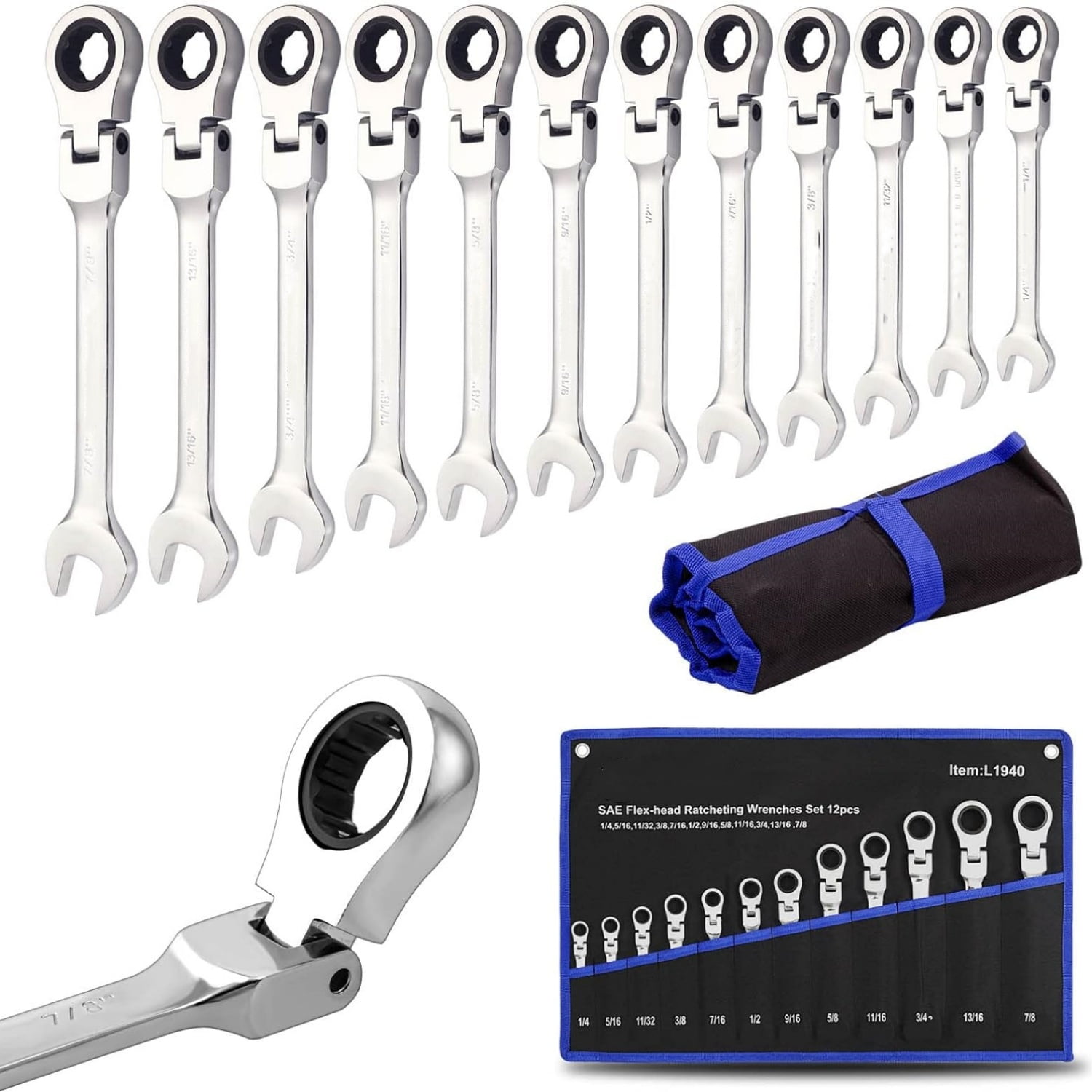 12pcs Flexible Ratchet Wrenches Set SAE 1/4” to 7/8“ Inch Standard Spanners Gear Ring Ratcheting Combination Flexi Wrench Kit Flex Flexible Head