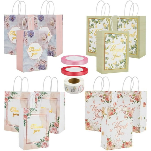 12pcs Floral Gift Bags 4 Styles Paper Gift Bag with Handle Treat Candy Snacks Bags Thank You Goody Bags with Ribbon Stickers for Mother's Day Birthday Wedding 15x8x21cm(5.9x3.2x8.3inch) Mixed Color