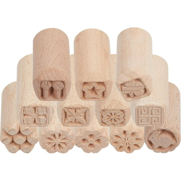 12pcs Floral Wooden Pottery Clay Stamp Set Column Wooden Stamps for Clay Hand Carved Stamps DIY Pottery Printing Blocks with Mixed Patterns Tan