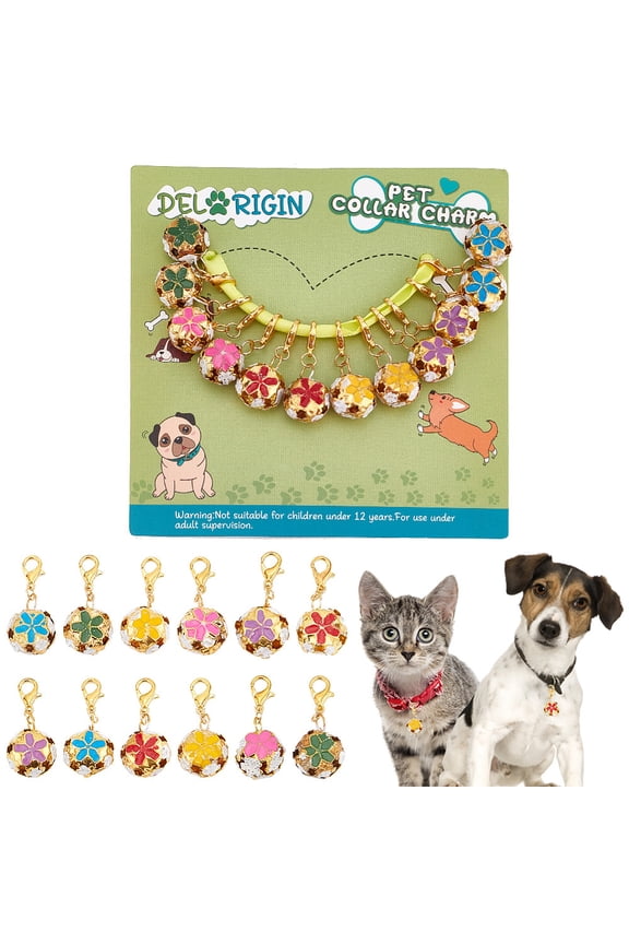 12pcs Flower Beads Pet Collar Bells Enamel Sakura Bell Charms Cat Dog Collar Pendants with Lobster Clasps Clip-on Charms for Bag Keychain DIY Pet Bell
