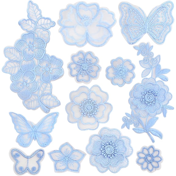 12pcs Flower Butterfly Sunflower Sew on Patches Light Blue Floral Flowers Shape Embroidery Applique Repair Accessories for DIY Clothing Jeans Jackets Bags Hats Decor, 12 Styles