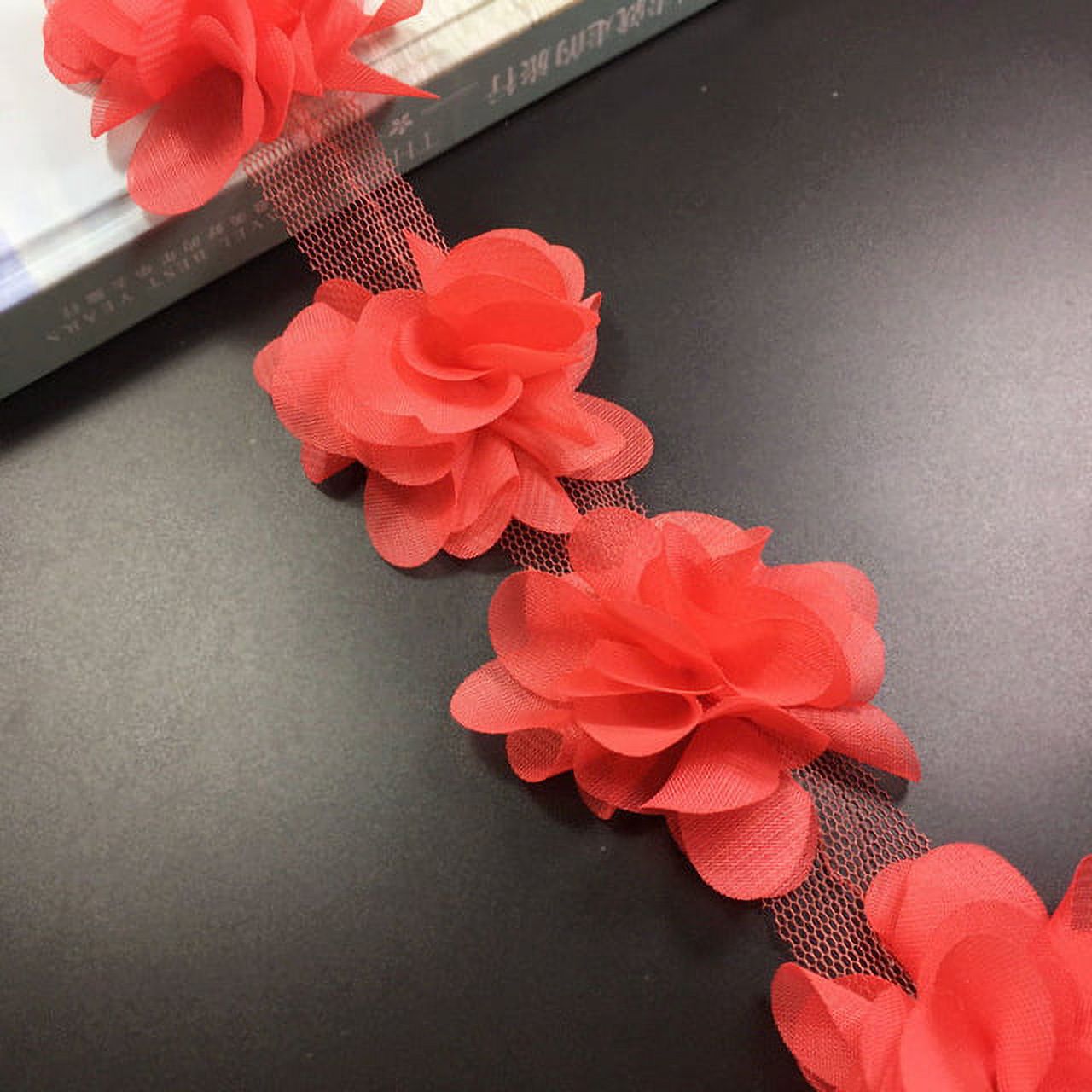 Yalulu 3D Chiffon Flower Cluster Lace Trim – 5 Yards, 2 Inch Wide, Embroidered Applique For Sewing & Crafts